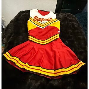 Simpson varsity red & yellow cheer uniform, top size 10 40,skirt 7 cheerleading